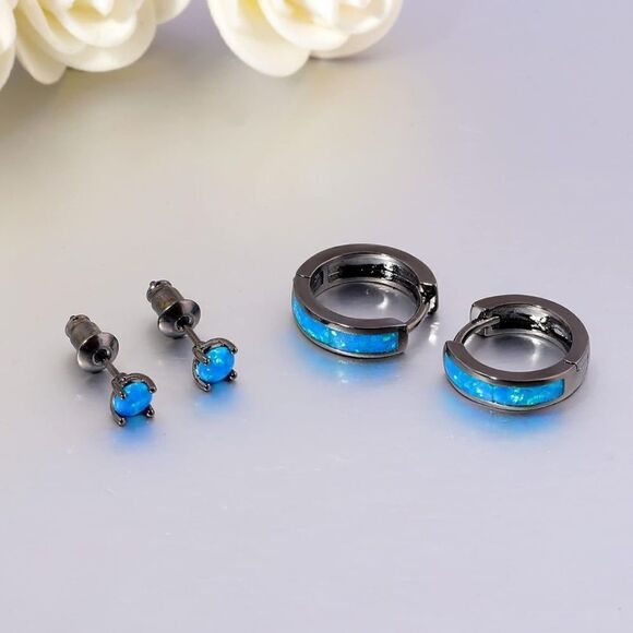 14K Black Gold with Genuine Blue Fire Opal Huggie and Stud Earrings Set of 2 - Picture 3 of 5